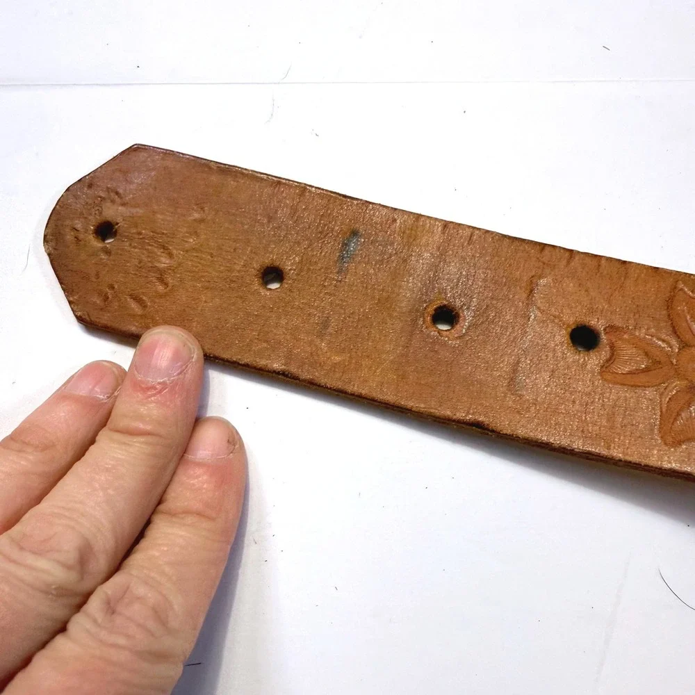 Vintage Tooled Leather Belt Strap Brown Floral Palm Tree Snap On 1.75 Inch Sz